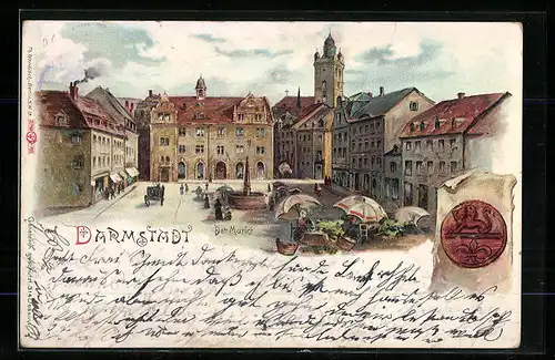 Lithographie Darmstadt, Partie am Markt