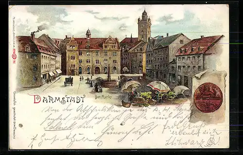 Lithographie Darmstadt, Partie am Markt, Wappen