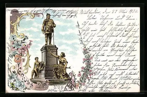 Lithographie Wiesbaden, Bismarck-Denkmal, Blumenmotiv