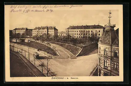 AK Zwickau i. S., Strassenbahn an der Kaserne