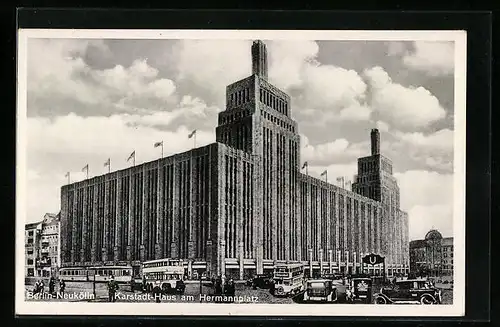 AK Berlin-Neukölln, Karstadt-Haus am Hermannplatz, Omnibus