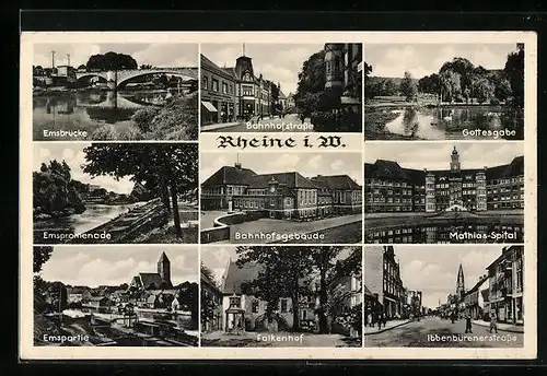 AK Rheine i. W., Emsbrücke, Bahnhofstrasse, Gottesgabe, Mathias-Spital