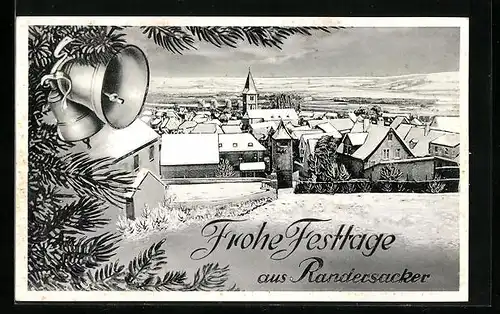 AK Randersacker am Main, der eingeschneite Ort, Tannenzweige und Glöckchen