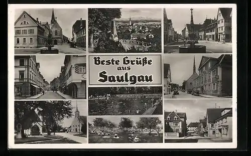 AK Saulgau, Brunnen, Kirche, Freibad, Teilansicht