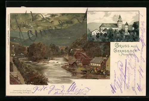 Lithographie Gernsbach i. Murgthal, Kirche, Uferpartie mit Brücke