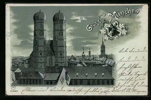 Präge-Lithographie München, Teilansicht mit Frauenkirche, Münchner Kindl