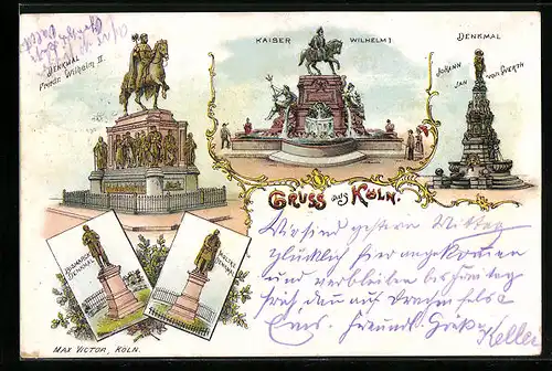 Lithographie Köln, Denkmäler Kaiser Wilhelm I., Johann Jan von Werth, Friedrich Wilhelm II., Bismarck und Moltke