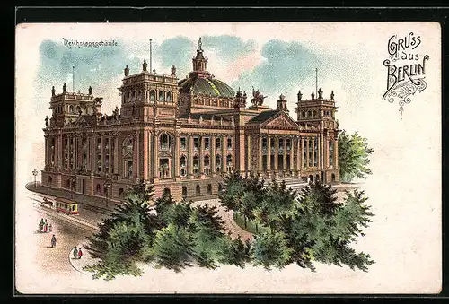 Lithographie Berlin-Tiergarten, Ansicht vom Reichstagsgebäude