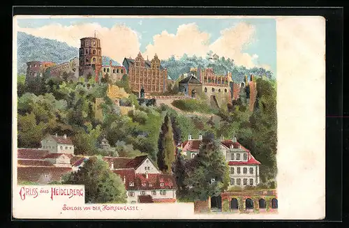 Lithographie Heidelberg, Schloss von der Hirschgasse