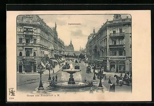 AK Frankfurt a. M., Kaiserstrasse mit Brunnen und Geschäften