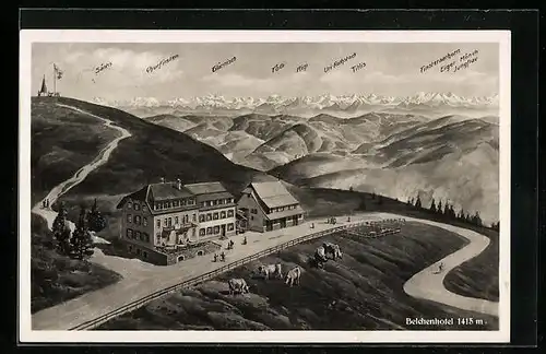 AK Schönau i. Schwarzwald, Belchenhotel und Bergpanorama mit Eiger, Mönch und Jungfrau