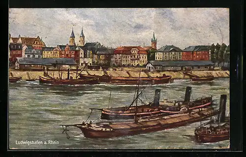 Künstler-AK Ludwigshafen a. Rhein, Uferpartie mit Dampfbooten