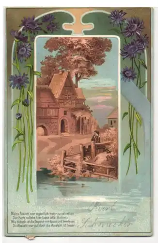 Kork-AK Häuser am Wasser und Blumen