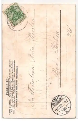 Kork-AK Häuser am Wasser und Blumen