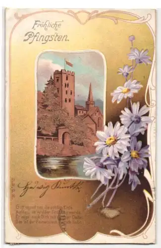 Kork-AK Pfingstgruss, Turm am Wasser