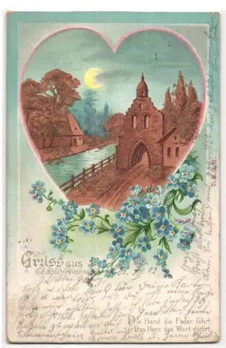 Kork-AK Ortspartie im Mondesschein und Blumen