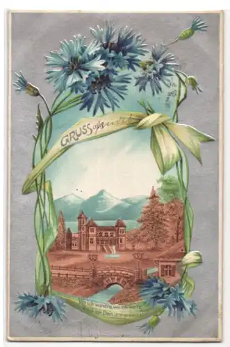 Kork-AK Schlösschen mit Park, Kornblumen