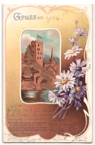 Kork-AK Turm und Kirche am Wasser, Blumen