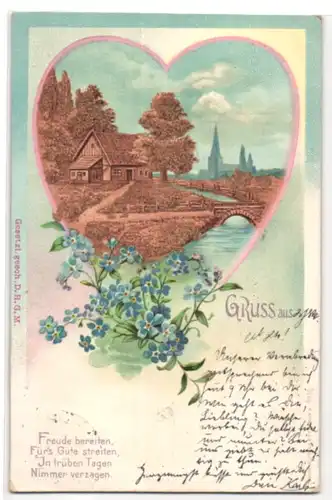 Kork-AK Gehöft am Fluss und Blumen