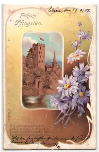 Kork-AK Turm und Kirche, violetter Blumenstrauss