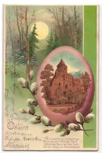 Kork-AK Burgruine auf Osterei, Weidenkätzchen