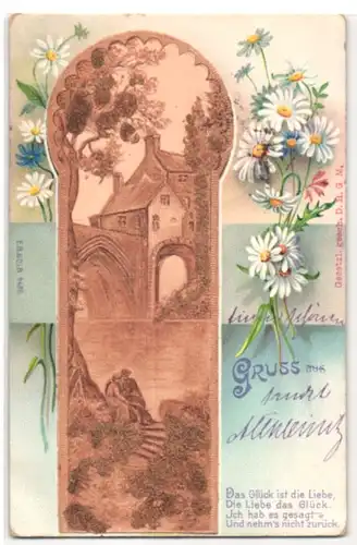 Kork-AK Liebespaar am Fluss, Margeriten