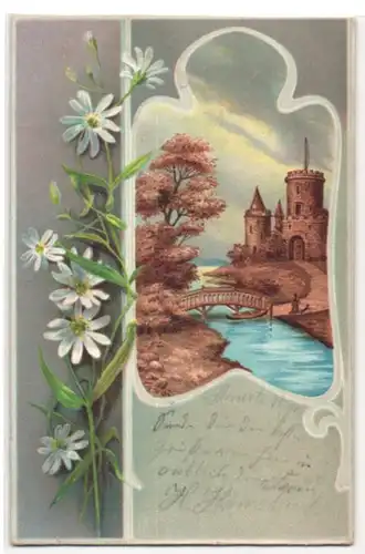 Kork-AK Schlösschen am Fluss, Blumen, Jugendstil