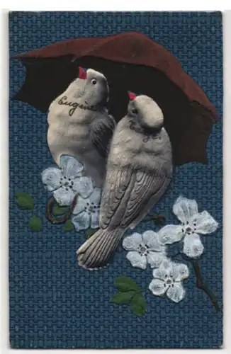 Präge-Airbrush-AK Vögel unterm Regenschirm