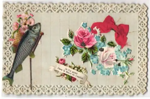 Oblaten-AK Fisch mit Spazierstock, Rosen und rote Schleife