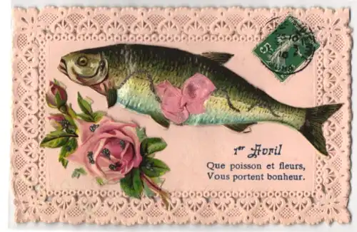 Oblaten-AK 1er Avril, Fisch mit rosa Schleife, Rose