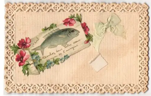 Oblaten-AK Fisch mit Blumen und gelbe Schleife