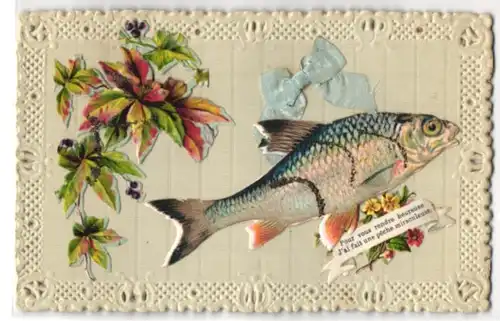 Oblaten-AK Fisch mit blauer Schleife und Blattwerk