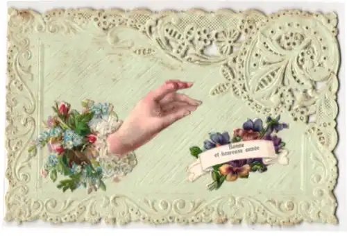 Oblaten-AK Zarte Frauenhand greift nach Blumen