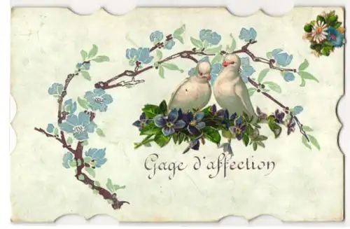 Oblaten-AK Gage d`affection, Taubenpaar auf Blumen