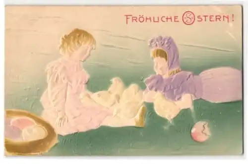 Präge-Airbrush-AK Ostergruss, Mädchen mit Osterküken