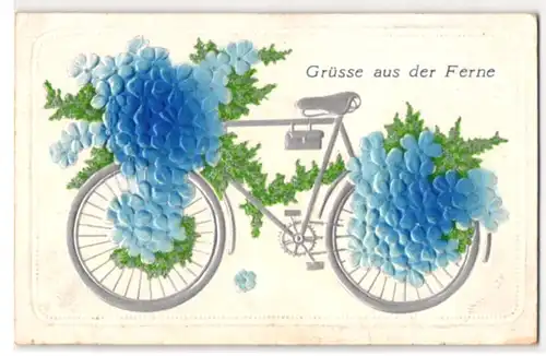Präge-Airbrush-AK Blumengeschmücktes Fahrrad