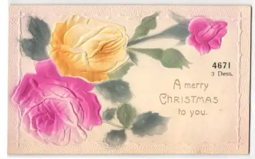 Präge-Airbrush-AK Gelbe und rote Rosen, Weihnachtsgruss