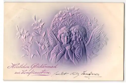 Präge-Airbrush-AK Konfirmations-Glückwünsche mit Engeln