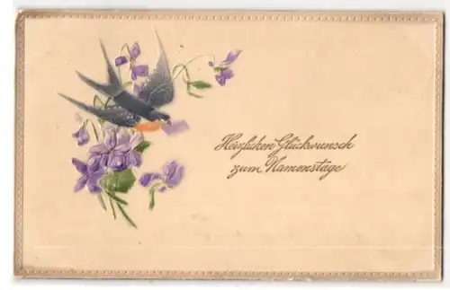 Präge-Airbrush-AK Schwalbe mit Glückwunsch zum Namenstage