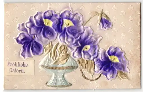 Präge-Airbrush-AK Ostergruss mit Vase voller Blumen