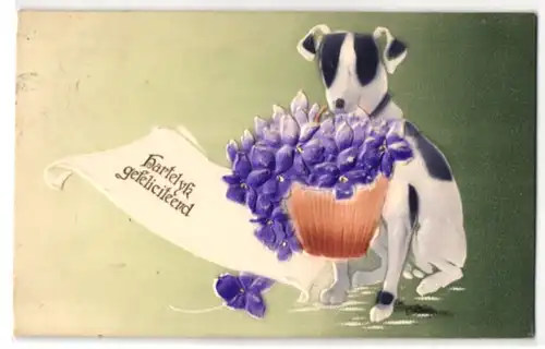 Präge-Airbrush-AK Hund mit einem Korb voller Veilchen
