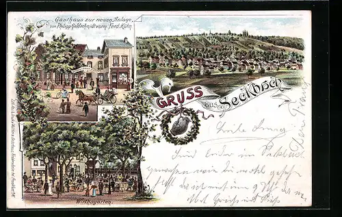 Lithographie Frankfurt-Seckbach, Gasthaus zur neuen Anlage, Ortsansicht