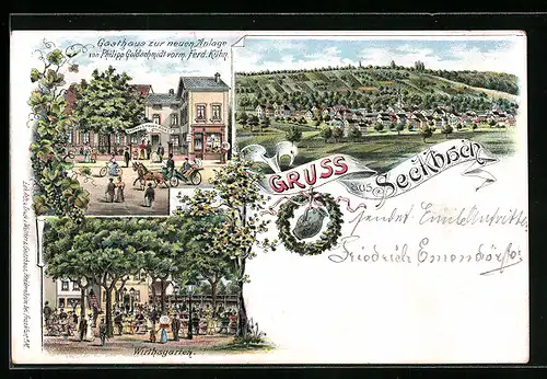 Lithographie Frankfurt-Seckbach, Gasthaus zur neuen Anlage, Wirthsgarten, Ortsansicht