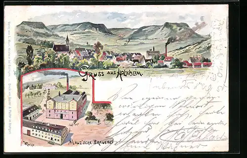 Lithographie Holzheim, Mauzsche Brauerei, Ortsansicht gegen die Berge