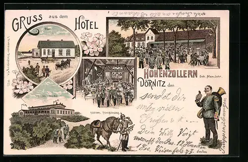 Lithographie Dörnitz, Hotel Hohenzollern, Post, Offizier-Casino