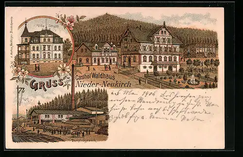 Lithographie Nieder-Neukirch, Dampfsägewerk, Villa Strupp