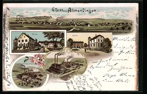 Lithographie Allmendingen, Bahnhof, E. Schwenksches Cementwerk, Schloss