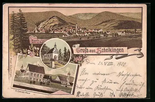 Lithographie Schelklingen, Kapelle auf dem Herz-Jesu-Berg, St. Condradi-Haus, Totalansicht
