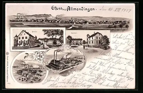 Lithographie Allmendingen, Schloss, Bahnhof, E. Schwenkisches Zementwerk, Stuttgarter Zementfabrik