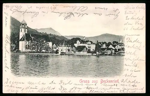 Relief-AK Beckenried, Panorama mit Kirche
